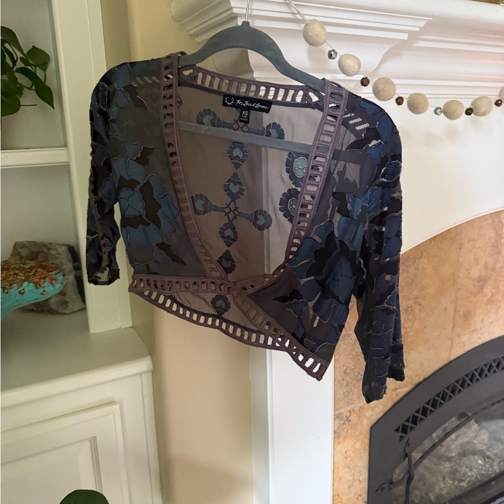 Embroidered Sheer Bolero Shrug in Charcoal and Slate Blue